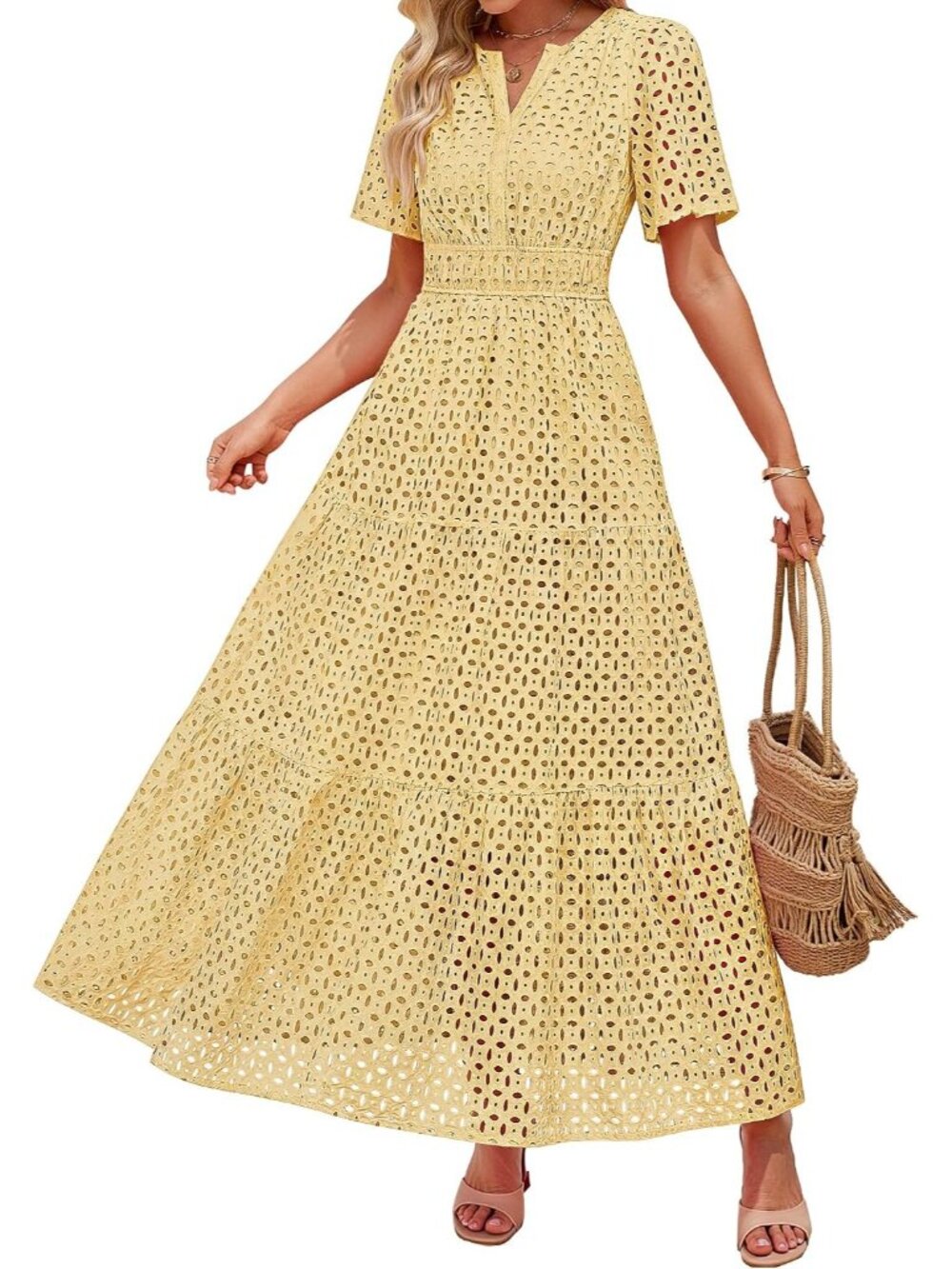 Women's Yellow Summer Short Sleeve High Neck V Neck Eyelet A Line Maxi Dresses
